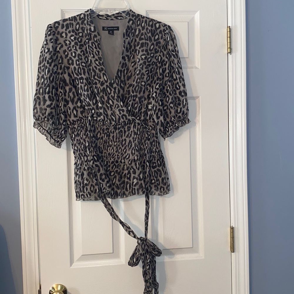 INC Gray and Black Leopard Wrap Blouse